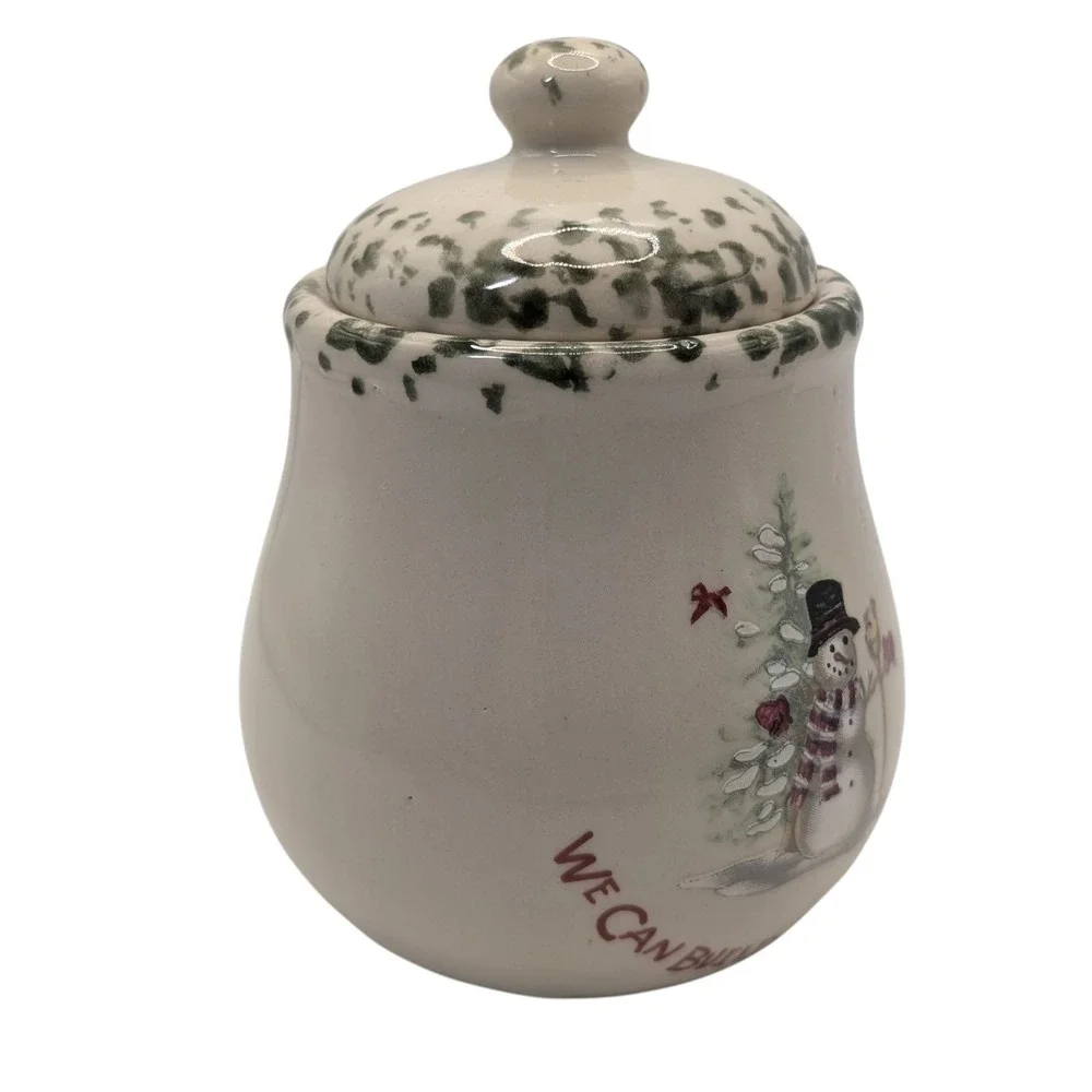 Vintage Sugar Bowl‎ with Lid We Can Build a Snowman Green Sponge Painting SEE